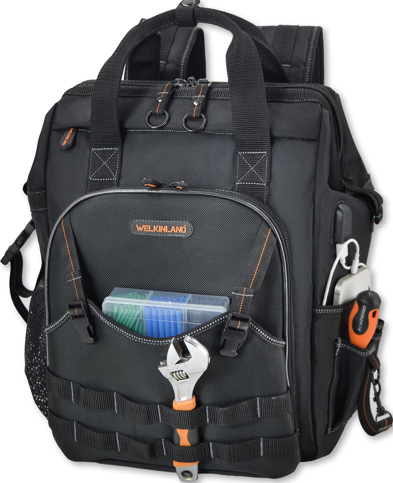 WELKINLAND 55-Pockets Tool backpack, bag Backpack Black/Orange
