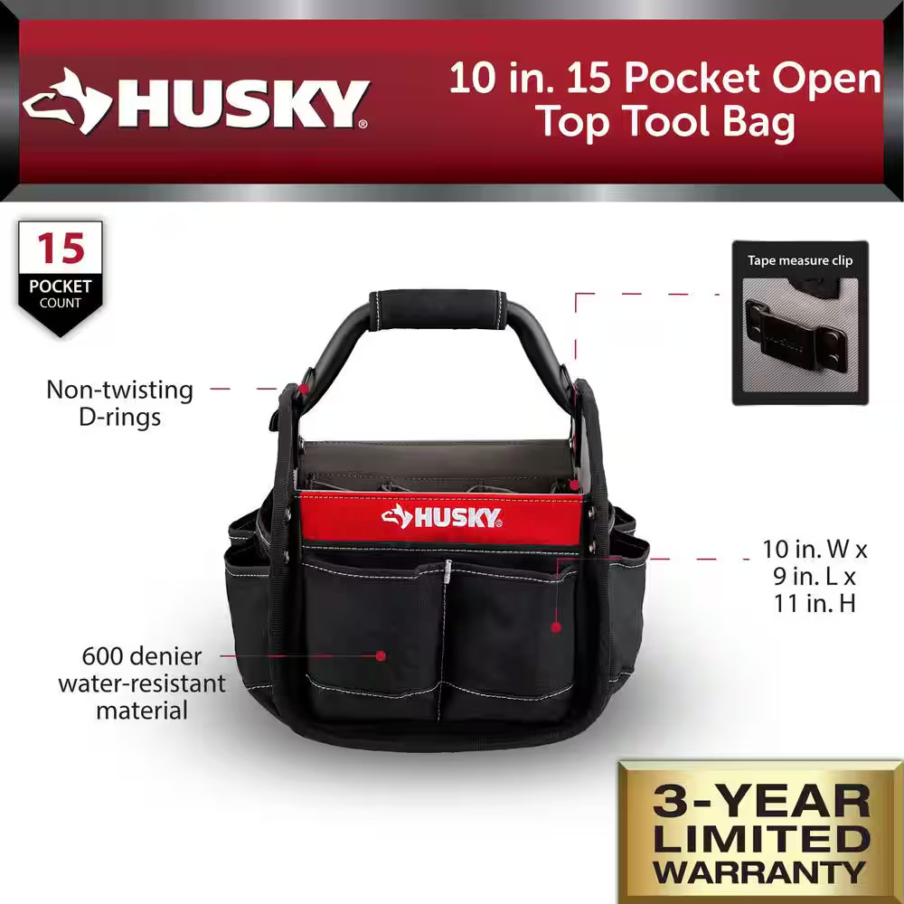 Husky Tool Bag 10 in 15 Pocket Open Top Tote Water Resistant Rotating Handle