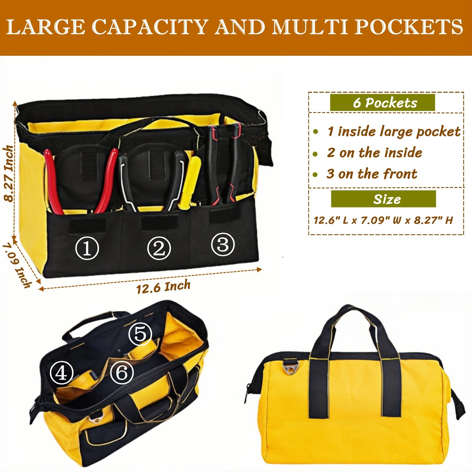BLIRITEL 13 Inch Tool Bag for Men with Waterproof Hard Bottom, Heavy Duty Wide M