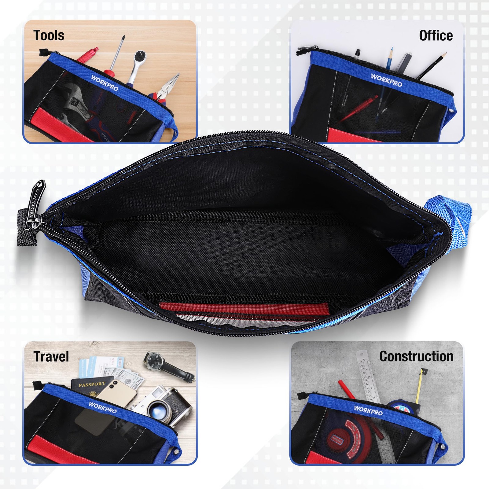 WORKPRO 12″ Tool Pouches with Zipper, Utility Bag 7 x 12 x 3 inches, Black