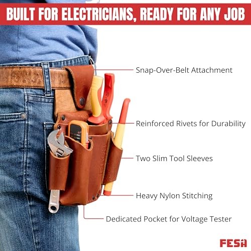 Leather Electrician Tool Pouch – Pocket Caddy Clip On Tool Pouch with Cherry