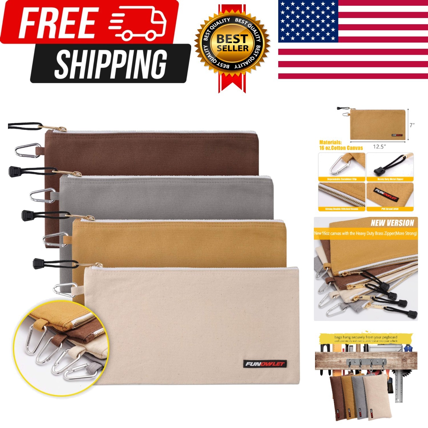 Utility Bag, Canvas Zipper Tool Bags – Heavy Duty Tools Pouch with Carabiner,…