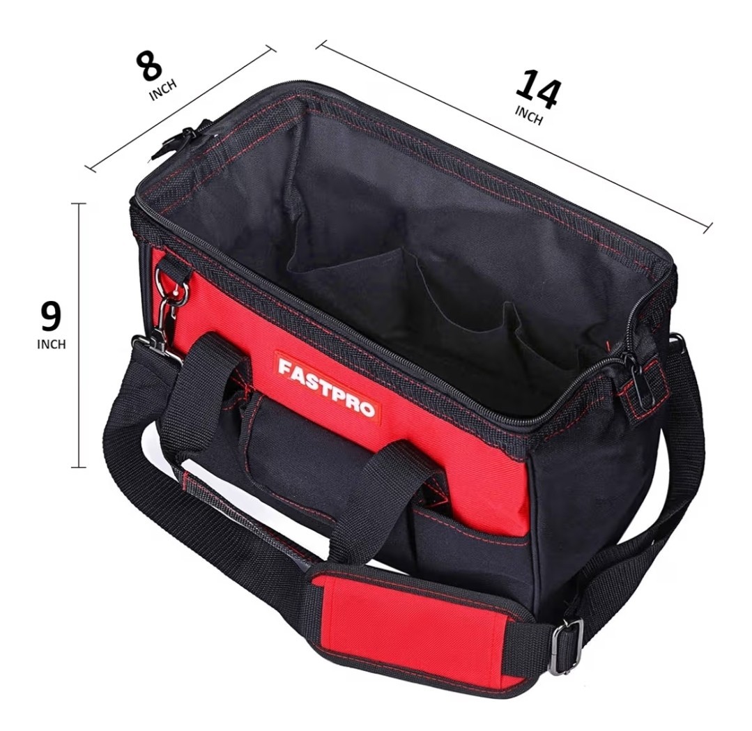 FASTPRO 14-Inch Zip-top Wide Mouth Open Storage Tool Bag, Classic Black & Red