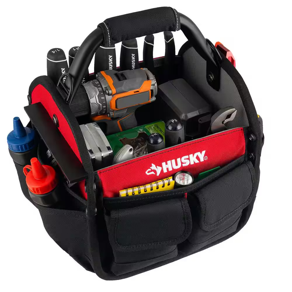 Husky Tool Bag 10 in 15 Pocket Open Top Tote Water Resistant Rotating Handle