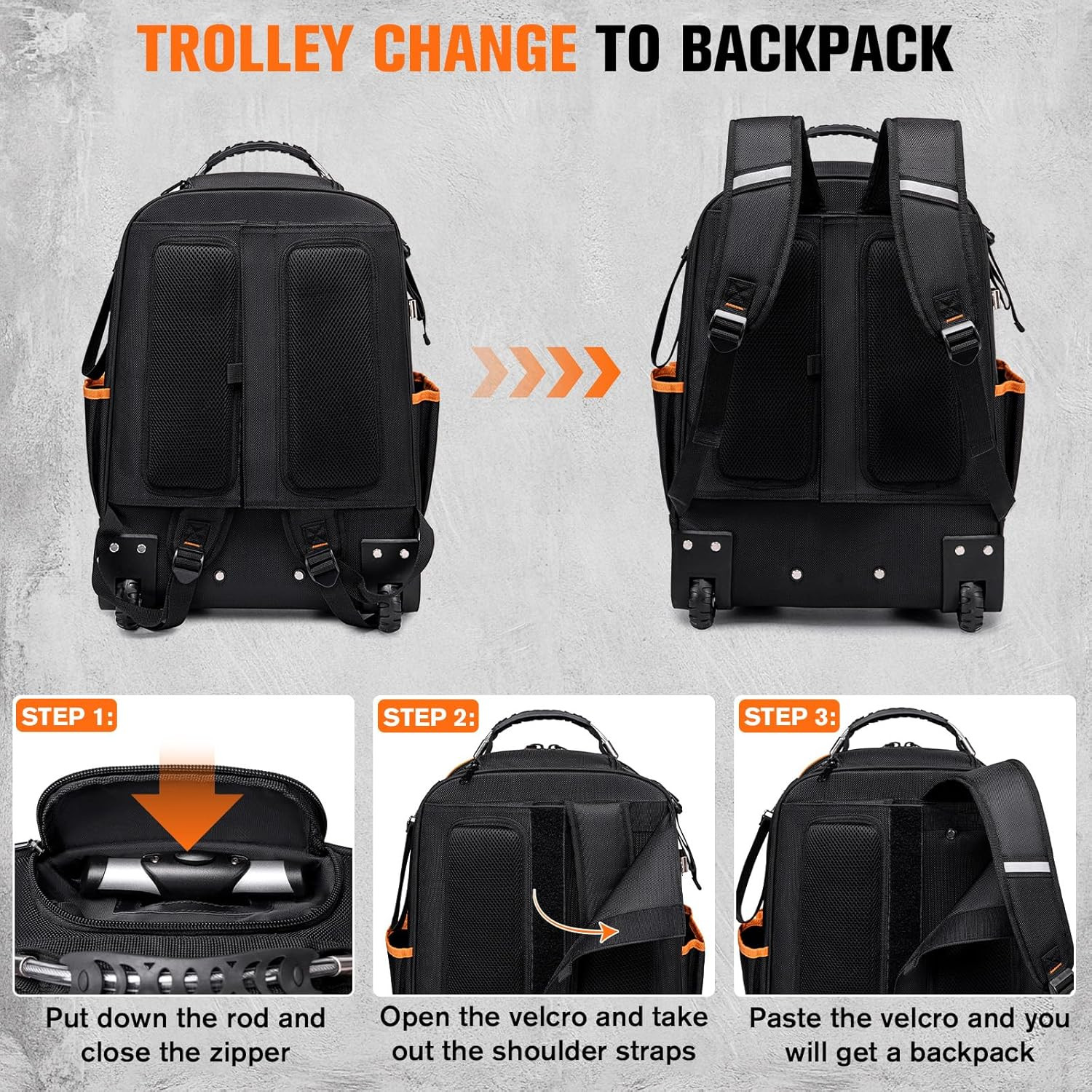 Durable 2-in-1 Rolling Tool Backpack with 47 Pockets & Smooth Wheels