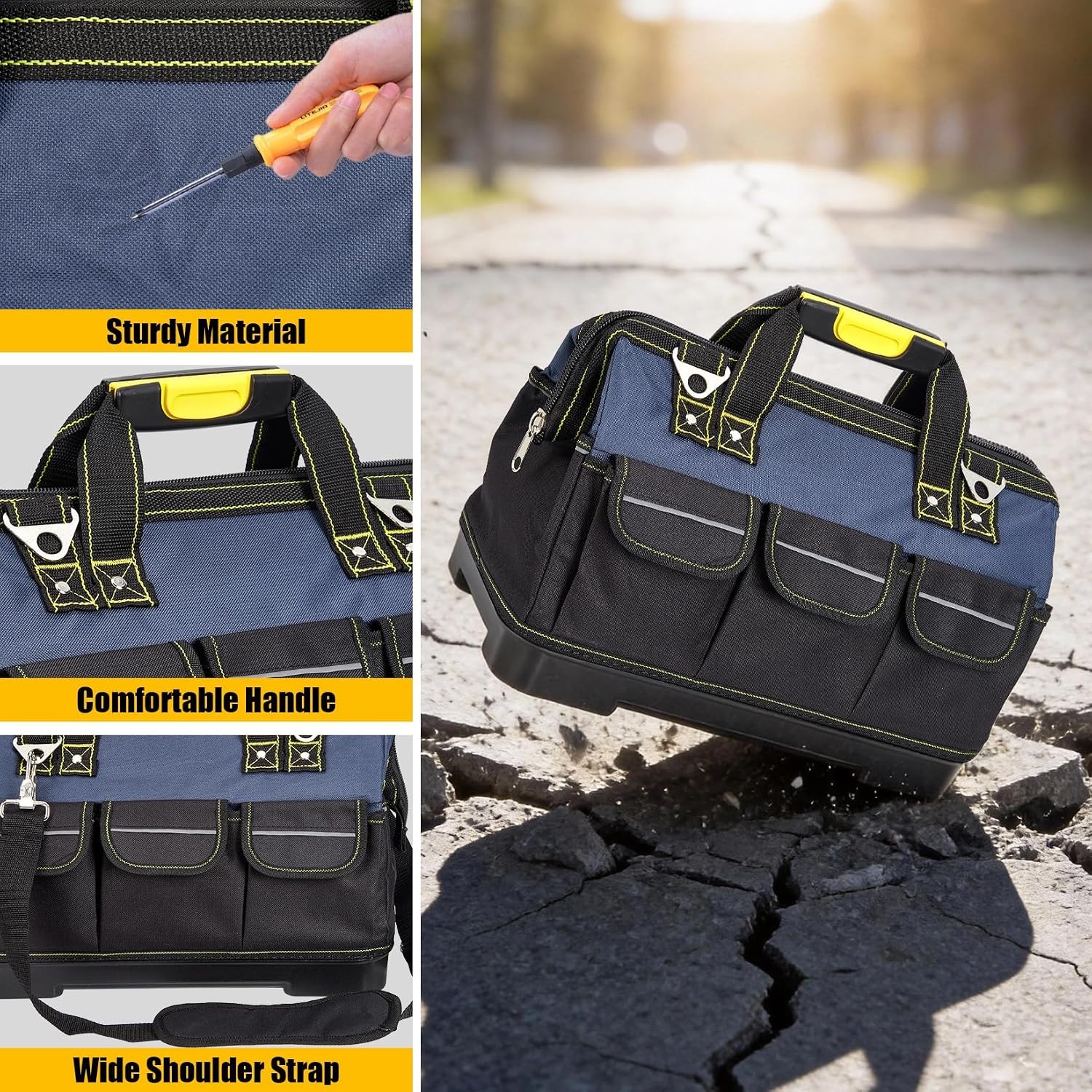 Heavy Duty 19in Oxford Tool Bag Wide Mouth Waterproof Molded Base Tote Organizer