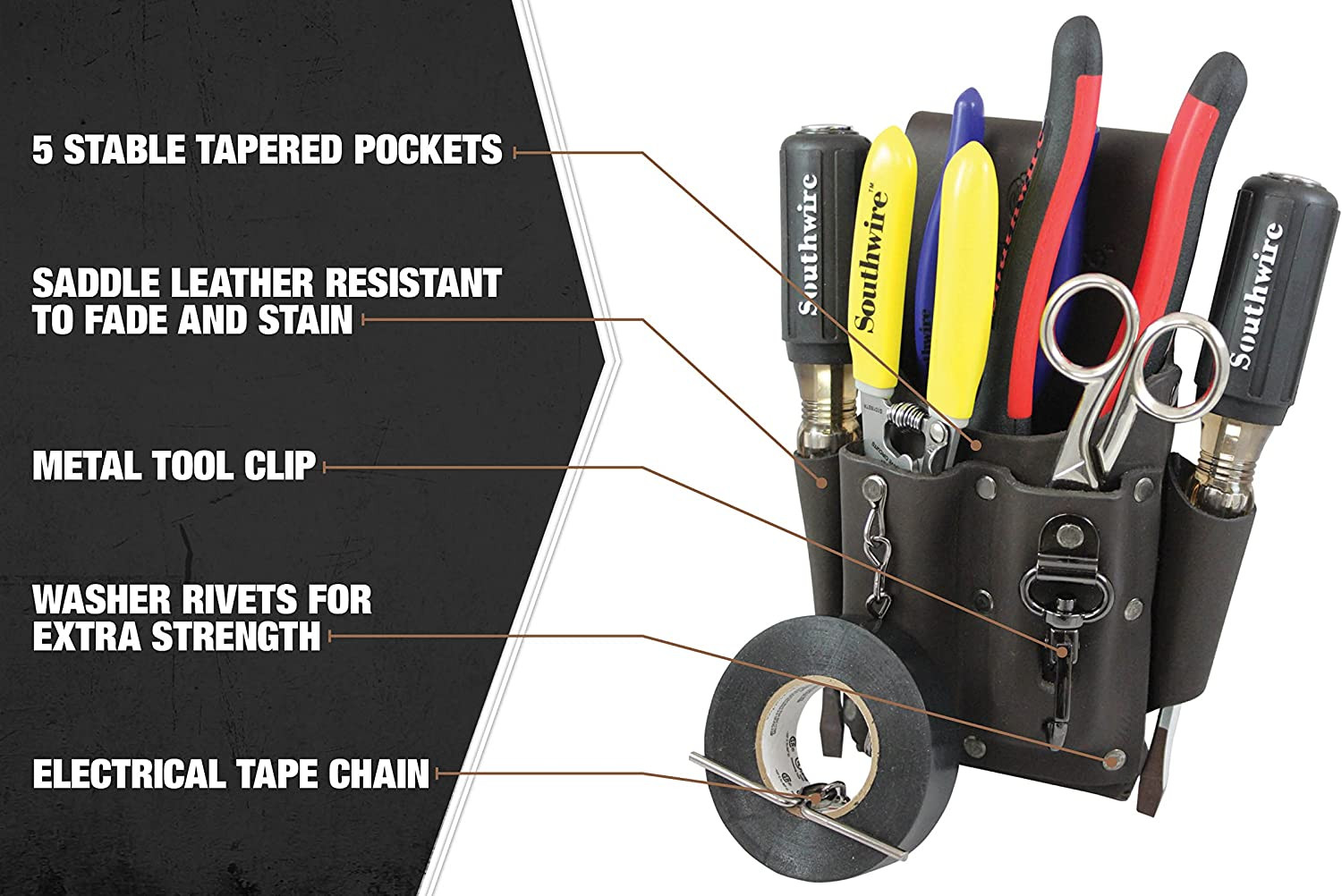 Southwire POUCH4 Leather Tool Pouch; 5 Pocket Pouch with Electrical Tape Chain;
