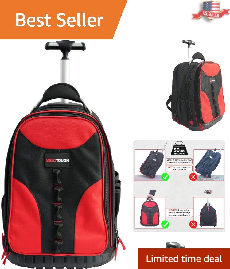 Multi-Functional Tool Backpack with Wheels & Laptop Compartment – Red & Black