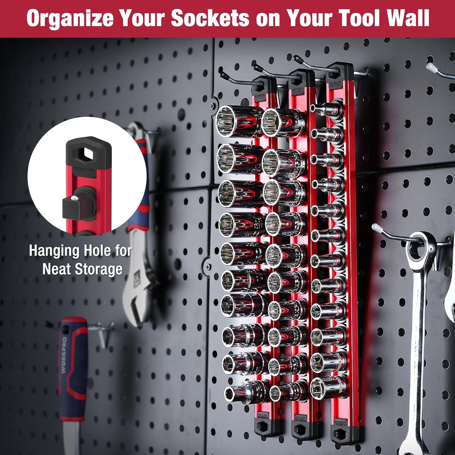 WORKPRO Magnetic Socket Organizer, 3/8-Inch Drive Aluminum 3/8" DR, Red