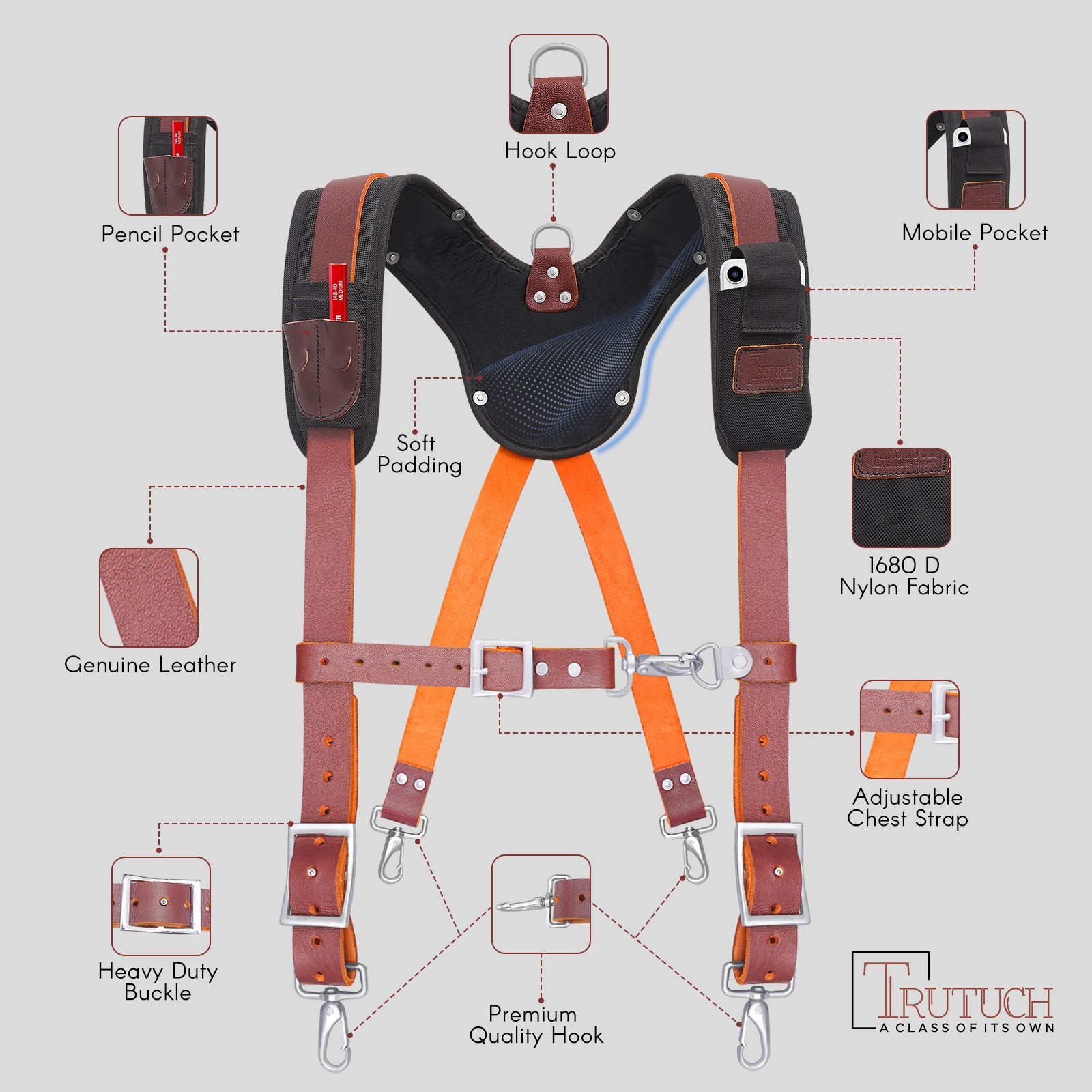 Trutuch Maroon Leather Tool Belt with Suspender | Framers Tool Bag | Tool Belt