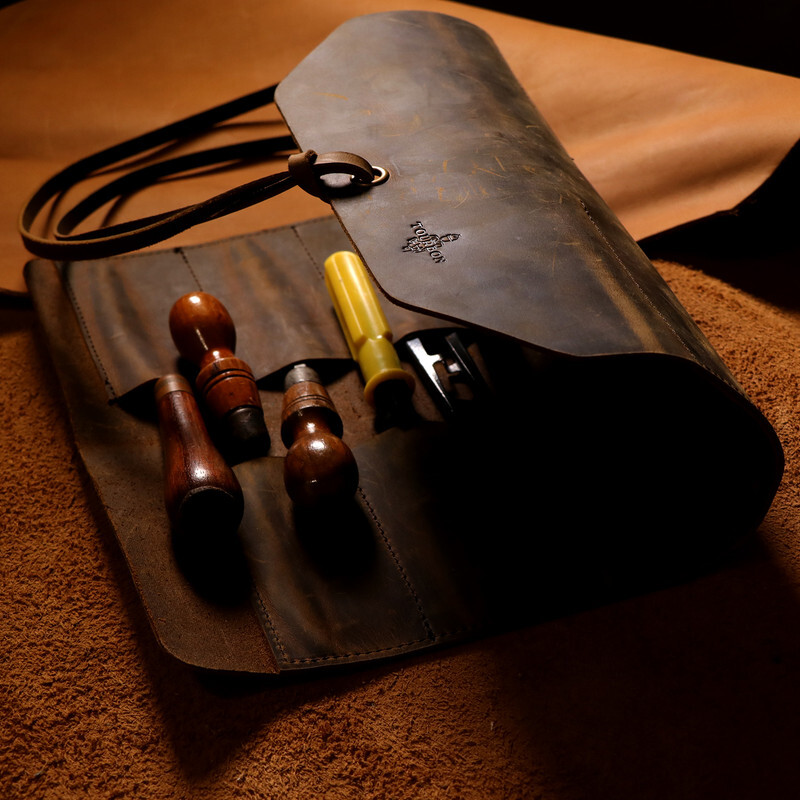 TOURBON Vintage Leather Roll Craft Tool Organizer Workshop Knife Carrier Bag