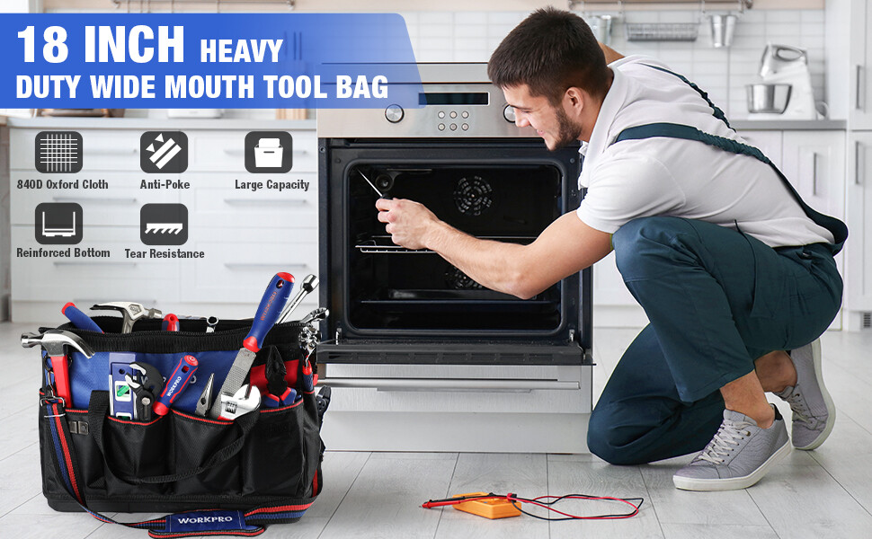 WORKPRO 18-in Tool Bag Tool Organizer Molded Base Open Top Bag w/Shoulder Strap