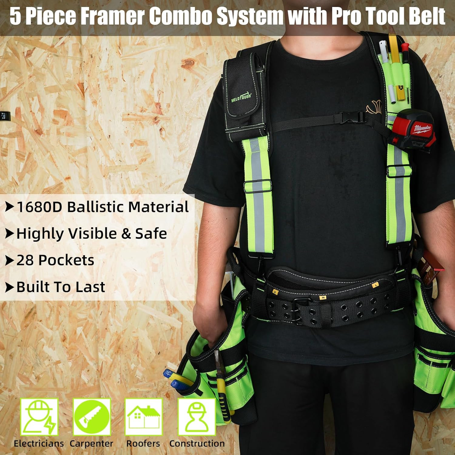 Reflective Safety Tool Belt with Suspenders Tool Bag Supenders Framers Comb Apro