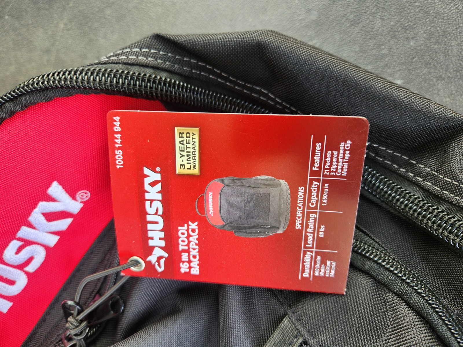 Never Used Husky Tool Backpack Black Red Multiple Compartments Padded Handle