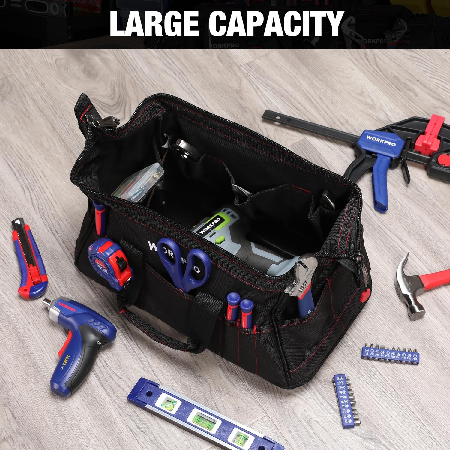 WORKPRO 16-inch Zipper Tool Bag Wide Mouth Heavy Duty Storage Carrying Work Tote