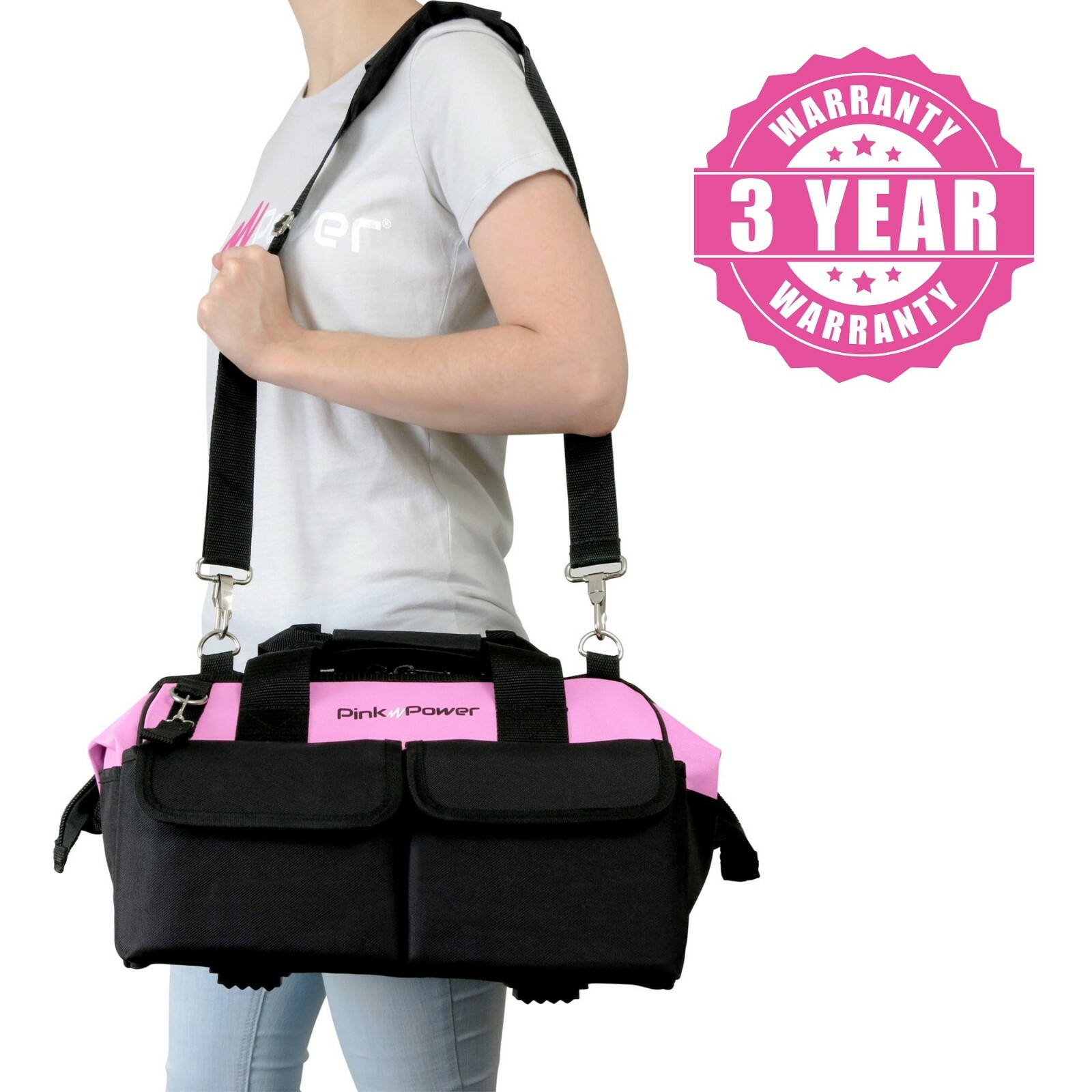 Pink Power Pink Tool Bag for Women -16″ Tool Tote Bag w/ 22 Storage Pockets