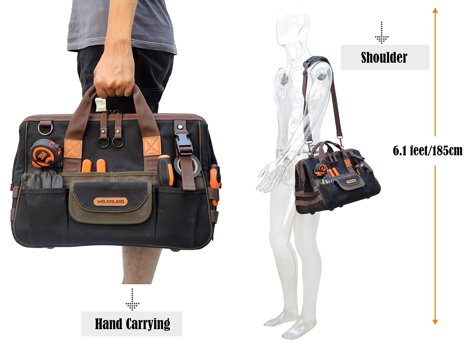 WELKINLAND 32-Pockets Waxed Canvas tool bag Heavy-Duty Electrician tools bag