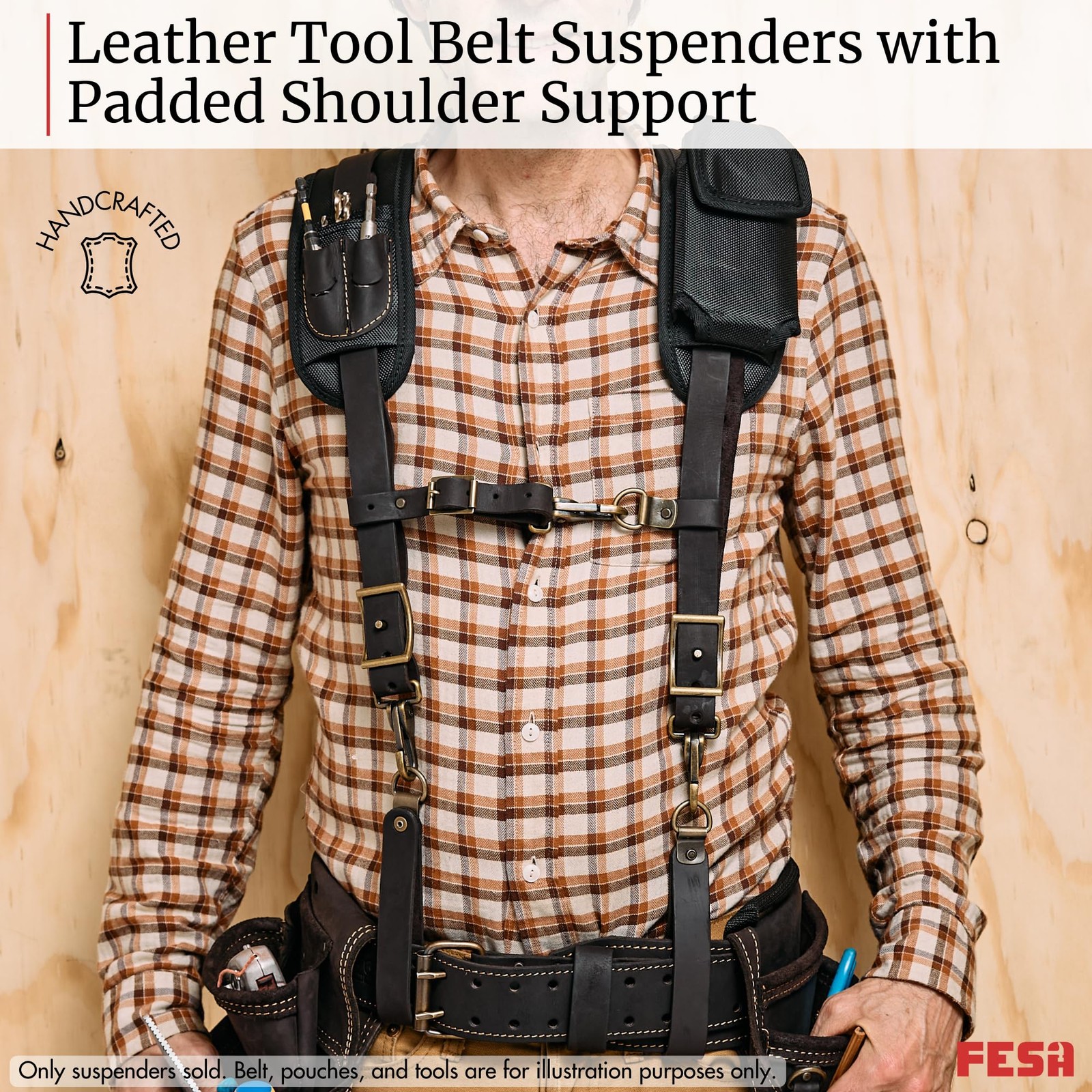 Leather Tool Belt Suspenders for Men with Breathable Mesh Padding, Front Pock…
