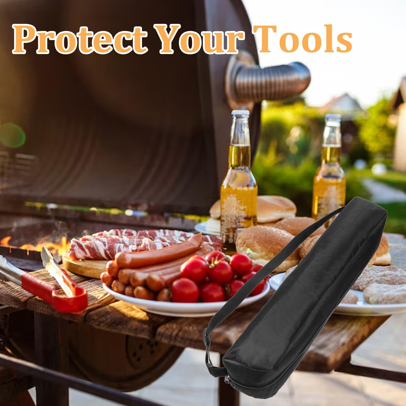 Black Grill Utensil Tool Storage Bag BBQ Carrier 22.44 x 3.94 Inch 57 x 10cm