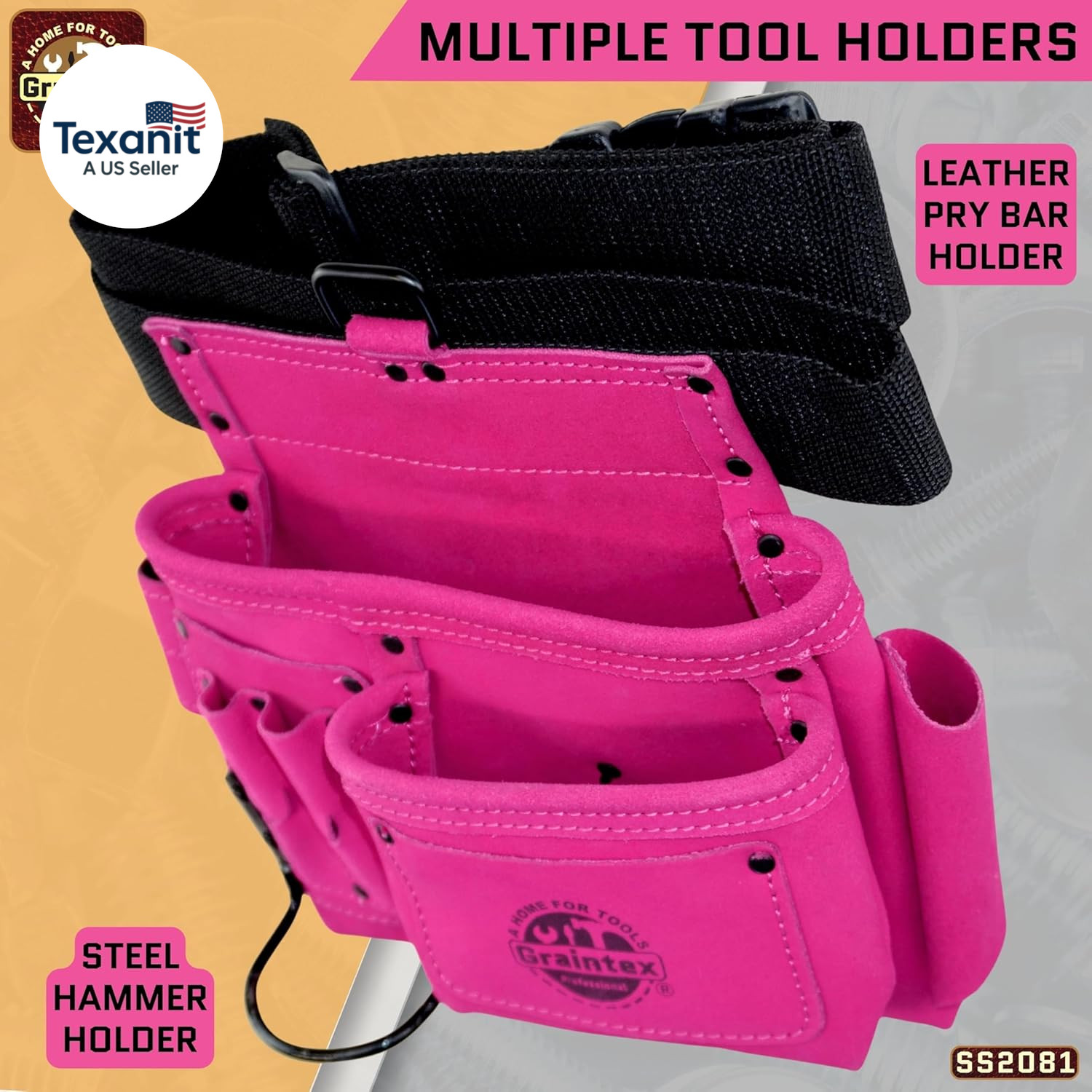 5 Pocket Suede Leather Tool Belt/Bag | Pink | Multipurpose Leather Tool Belt for