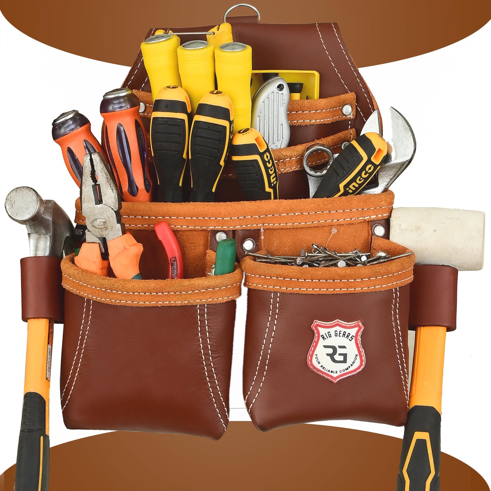 Leather Tool Pouch for Electrician | 5 Pockets Framers Tool Belt Pouches Maroon
