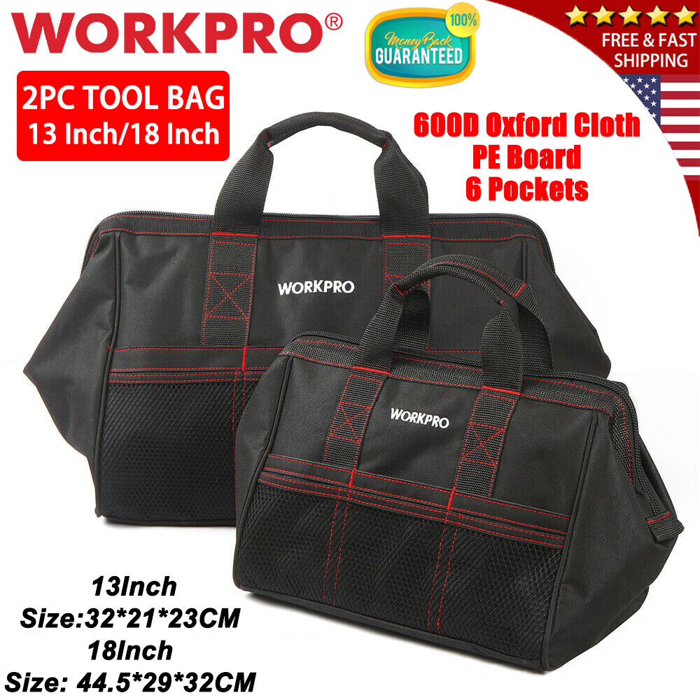 WORKPRO 2PCS 13″ 18″ TOOL BAG CASE WIDE MOUTH 600D Oxford Heavy Duty Zipper Tote