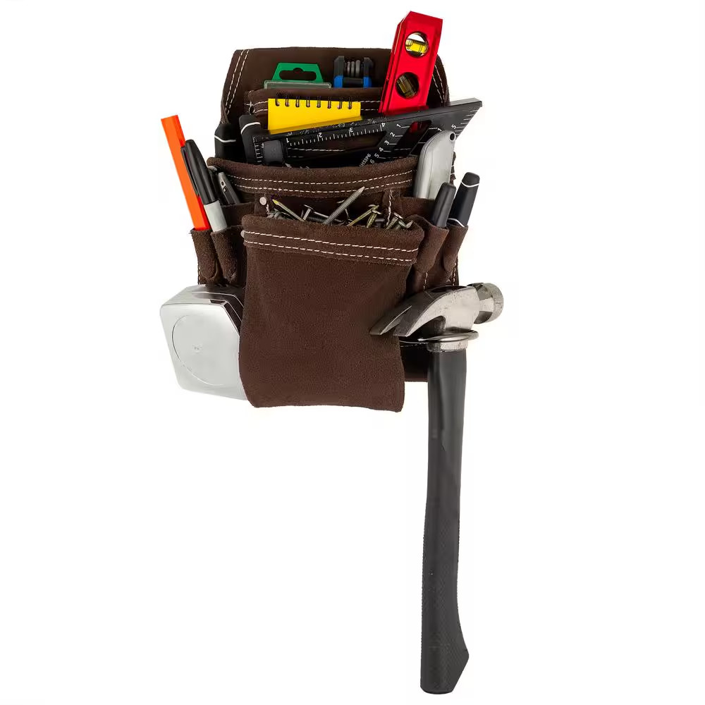 10 Pocket Suede Leather Work Tool Belt Pouch with Steel Hammer Loop and Tape Mea