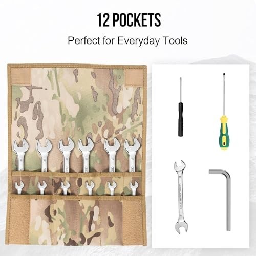 Wrench Organizer Tool Bag 12 Pocket Roll Up Pouch Portable Nylon Hook and Loop