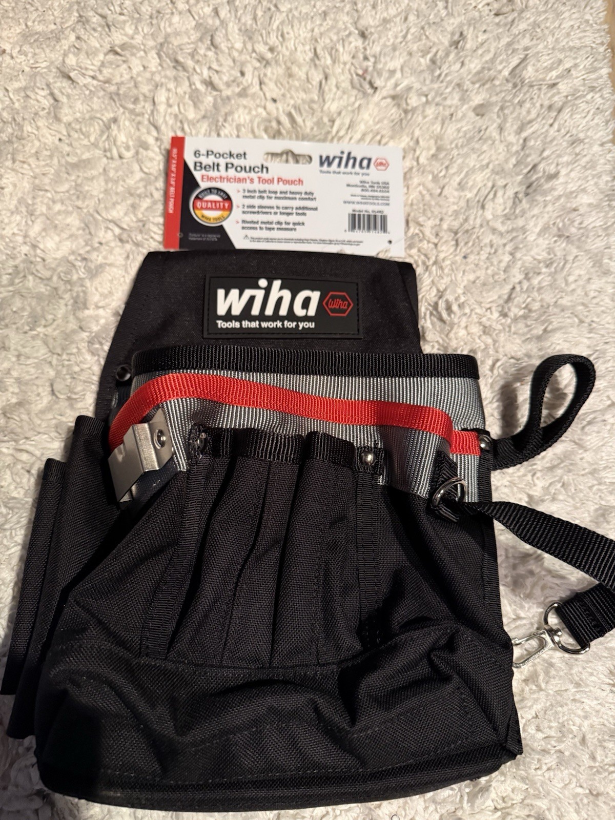 Wiha 6-Pocket Electricians Pouch, Nylon, Belt Clip, Black/Red/Gray