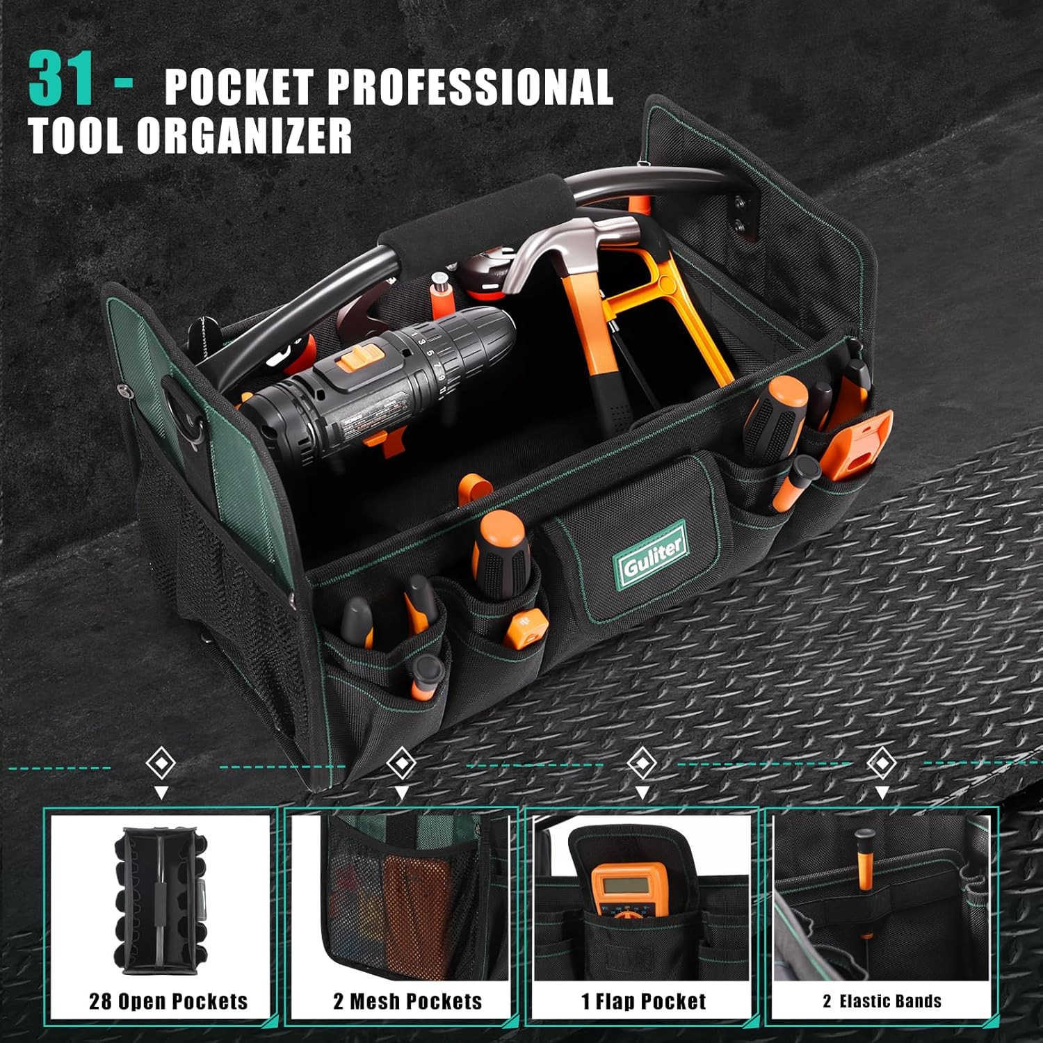 17 Inch Tool Bag,Electrician Tool Bags,Heavy Duty Open Top Tool Tote,31 Pocket T