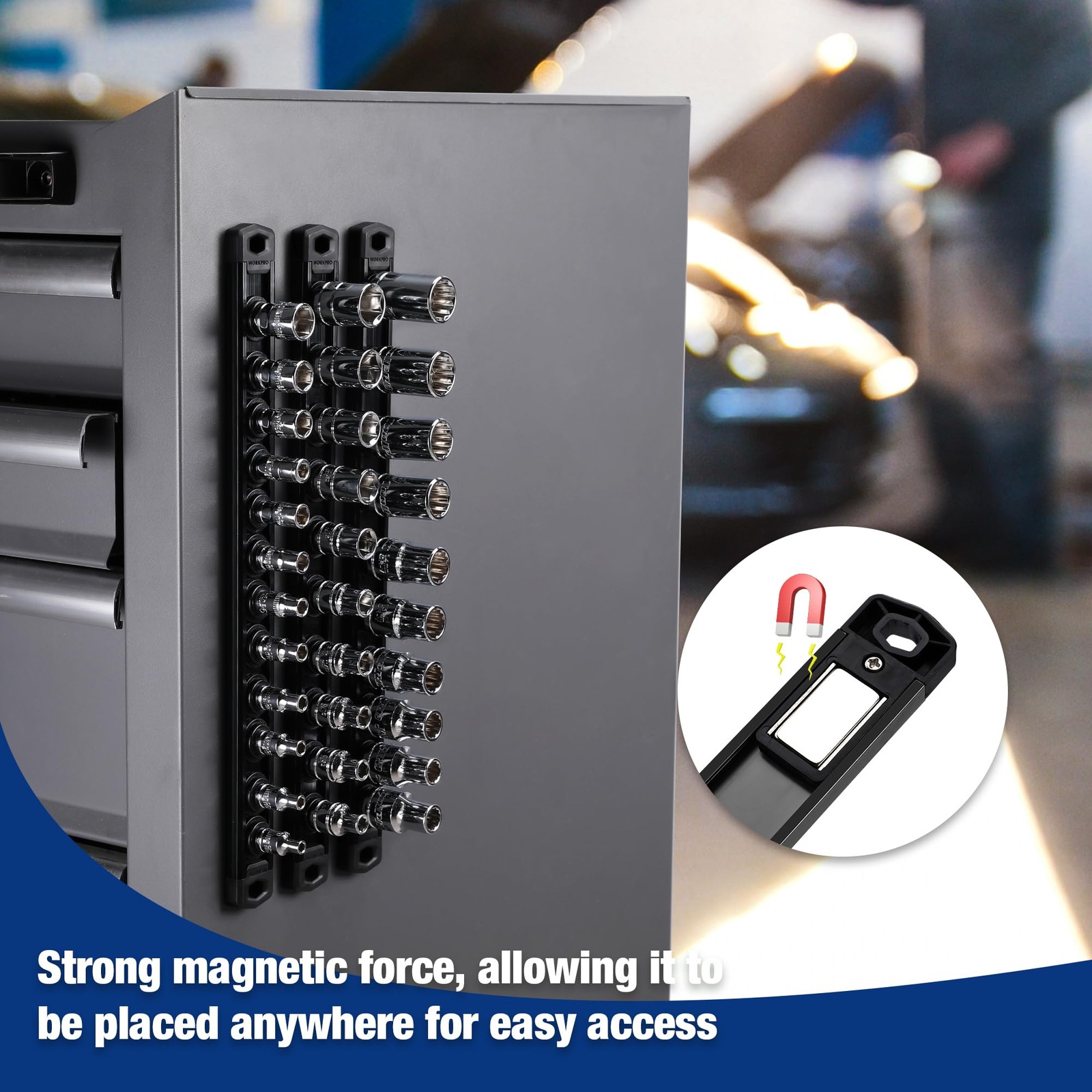 WORKPRO Magnetic Socket Organizer, 3/8-Inch Drive Aluminum 3/8″ DR, Black