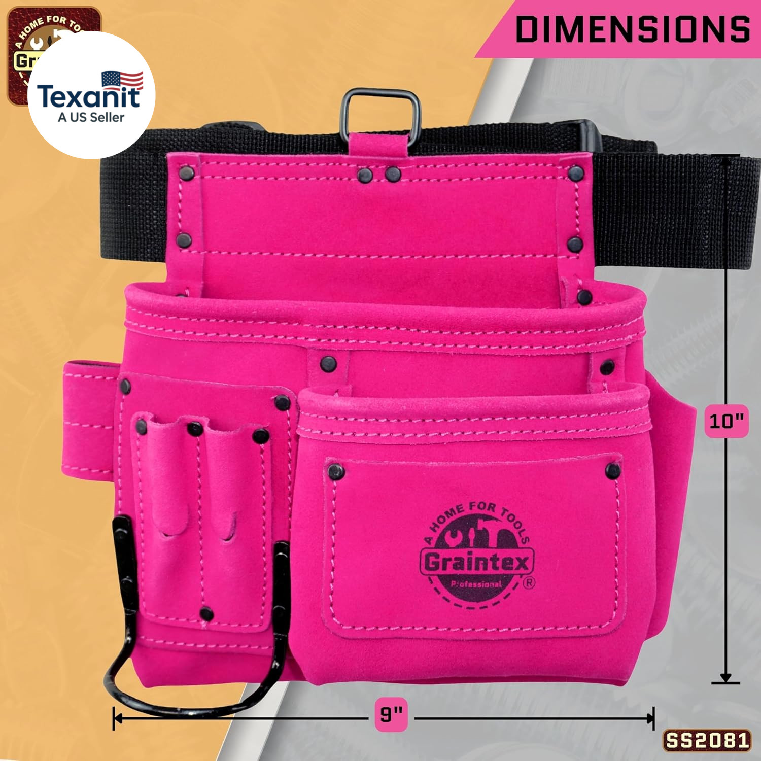 5 Pocket Suede Leather Tool Belt/Bag | Pink | Multipurpose Leather Tool Belt for