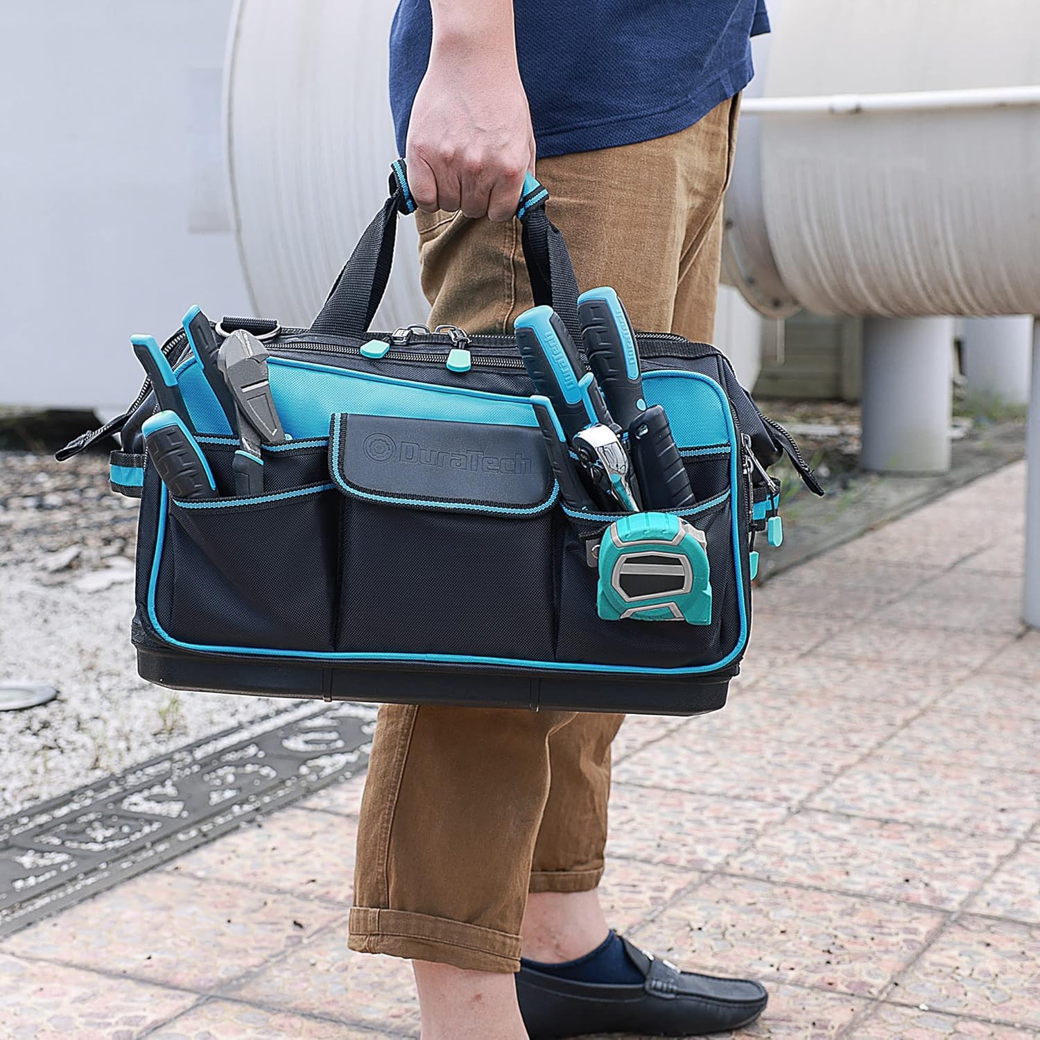 DURATECH 17″ Wide Mouth Tool Bag, Large Storage 32 Pocket Blue, Black