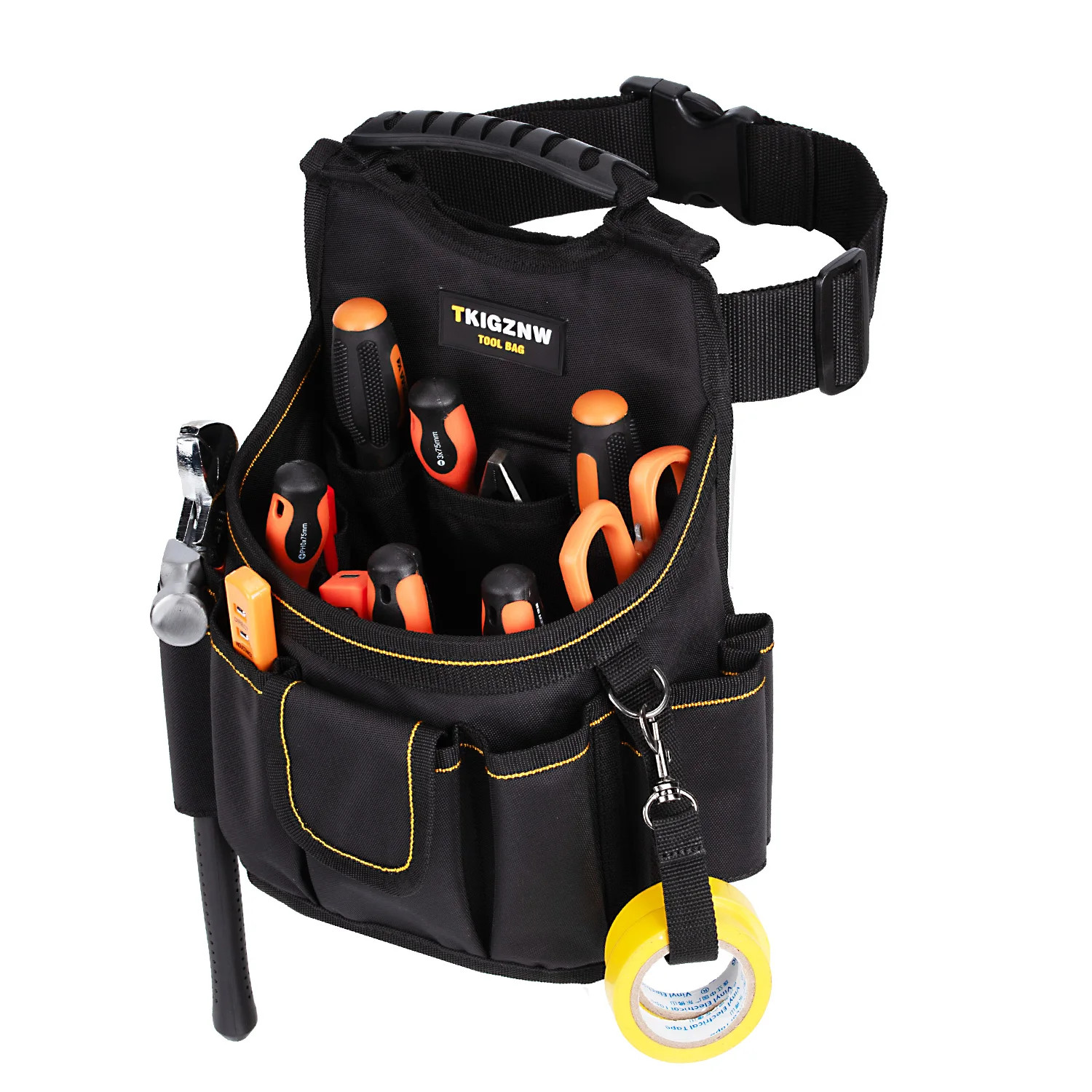 Tool Belt Pouch, Black Nylon with 18 Pockets, Black and Yellow, Storage for Elec
