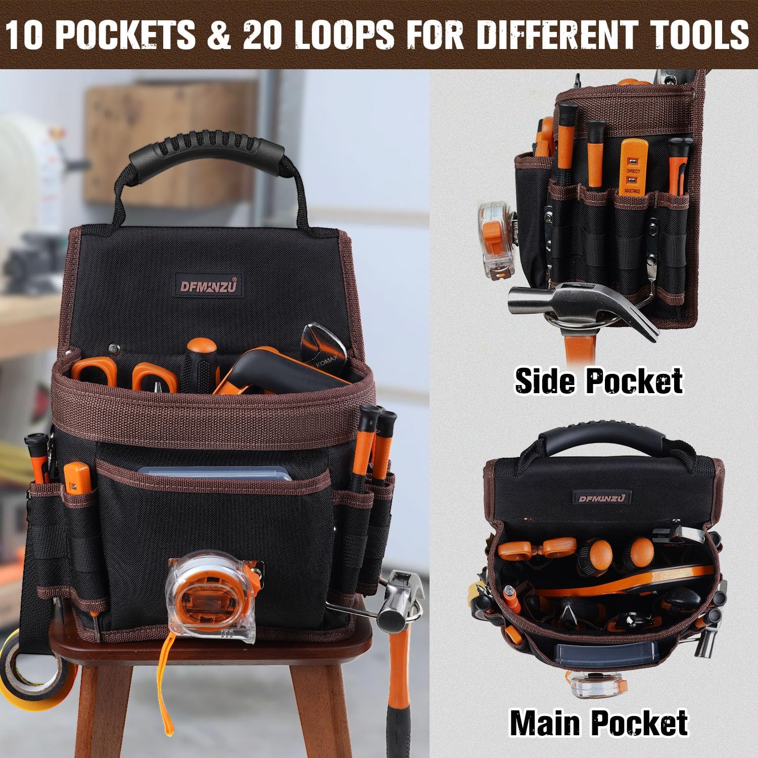 Electrician Tool Pouch, 10 Pockets Tool Belt Pouches with Hammer Holder, Adju…
