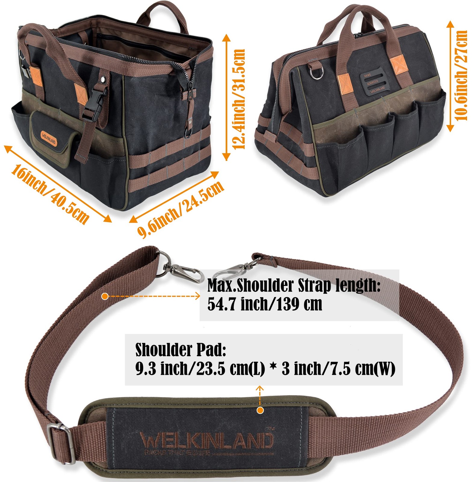 WELKINLAND 32-Pockets Waxed Canvas tool bag Heavy-Duty Electrician tools bag