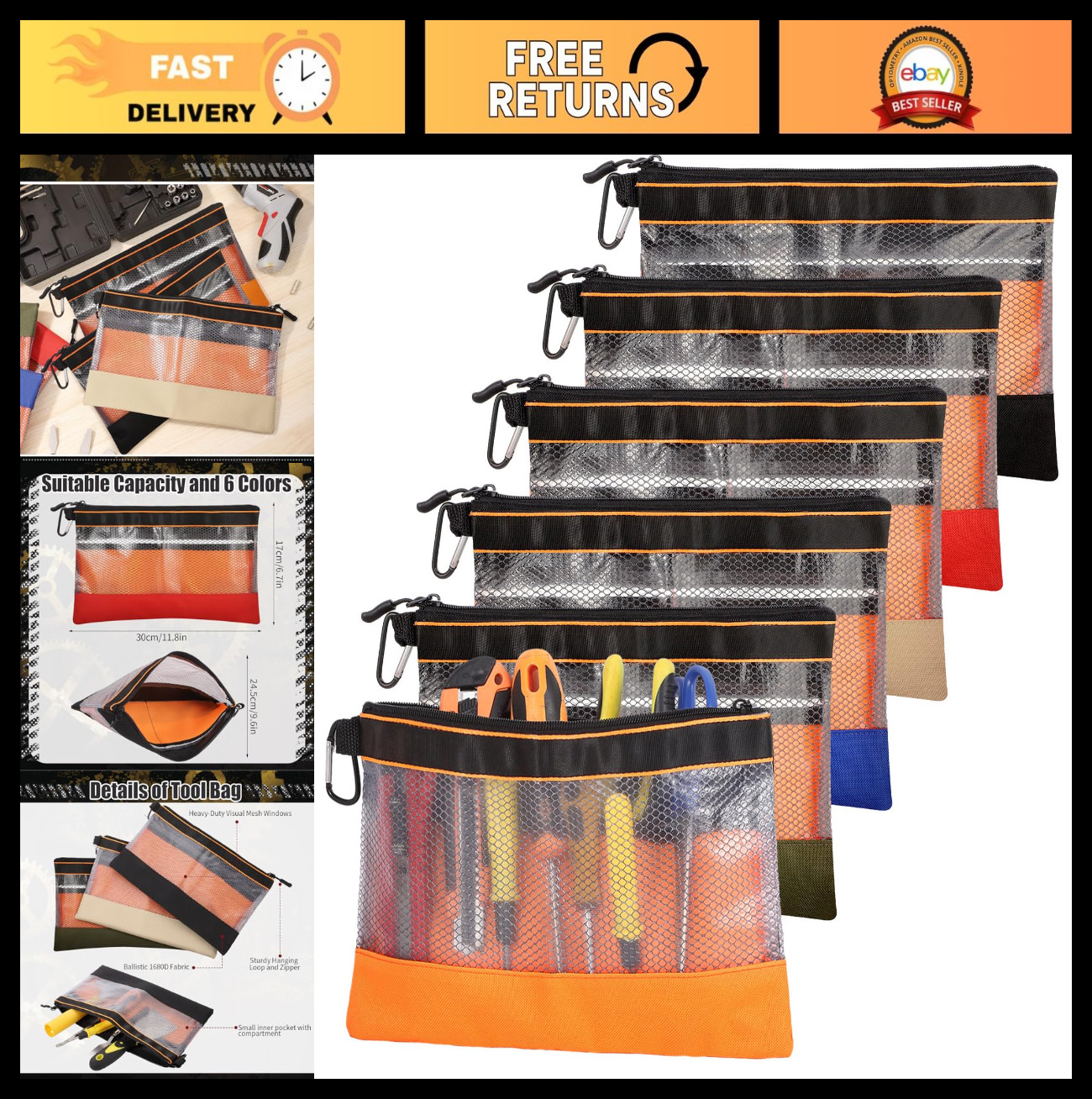 6 Pcs 11.8″ Clear Zipper Tool Pouches with Heavy Duty Mesh Window – Organizer Ba