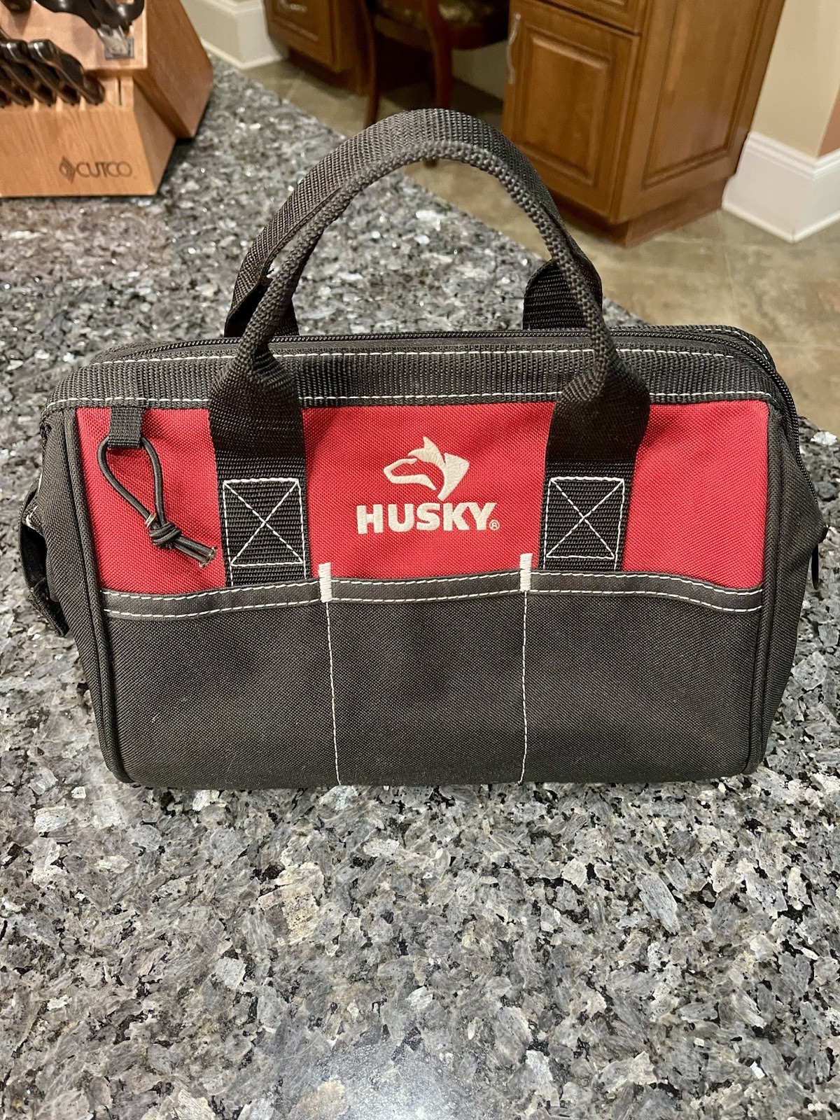 Husky 12-inch 3 Pocket Zippered Tool Bag Water-Resistant Canvas Black & Red