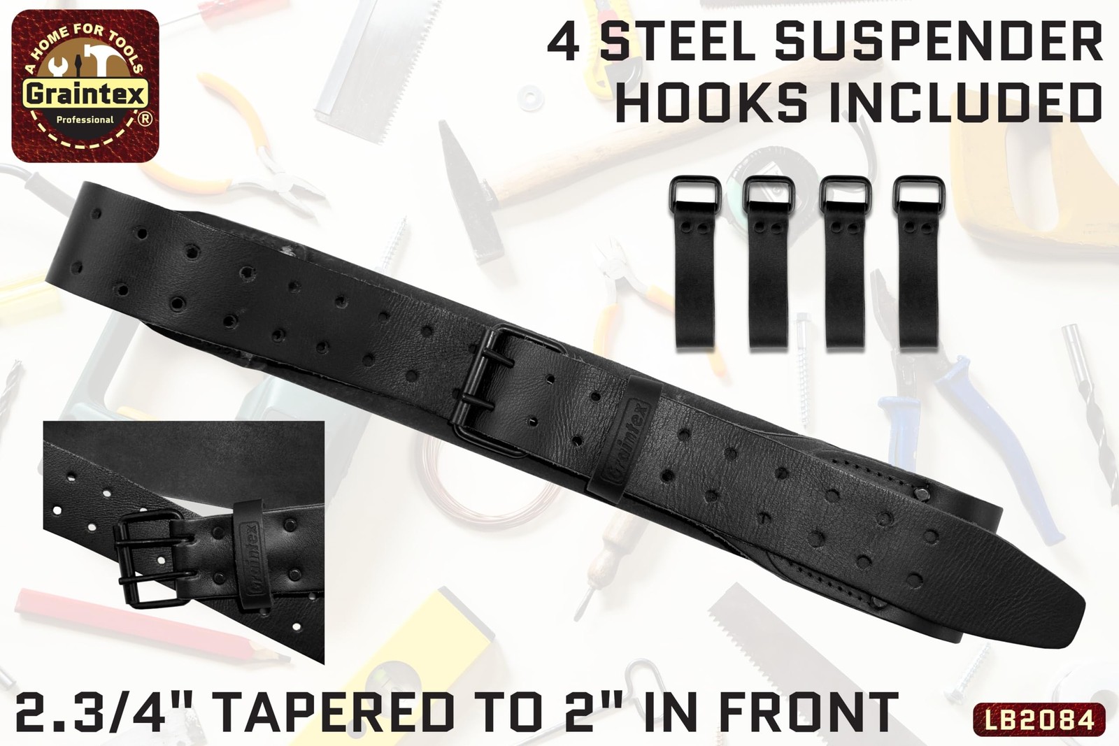LB2084 2.3/4” Top Grain Leather Belt With 4 Suspender Hooks Black Color for F…