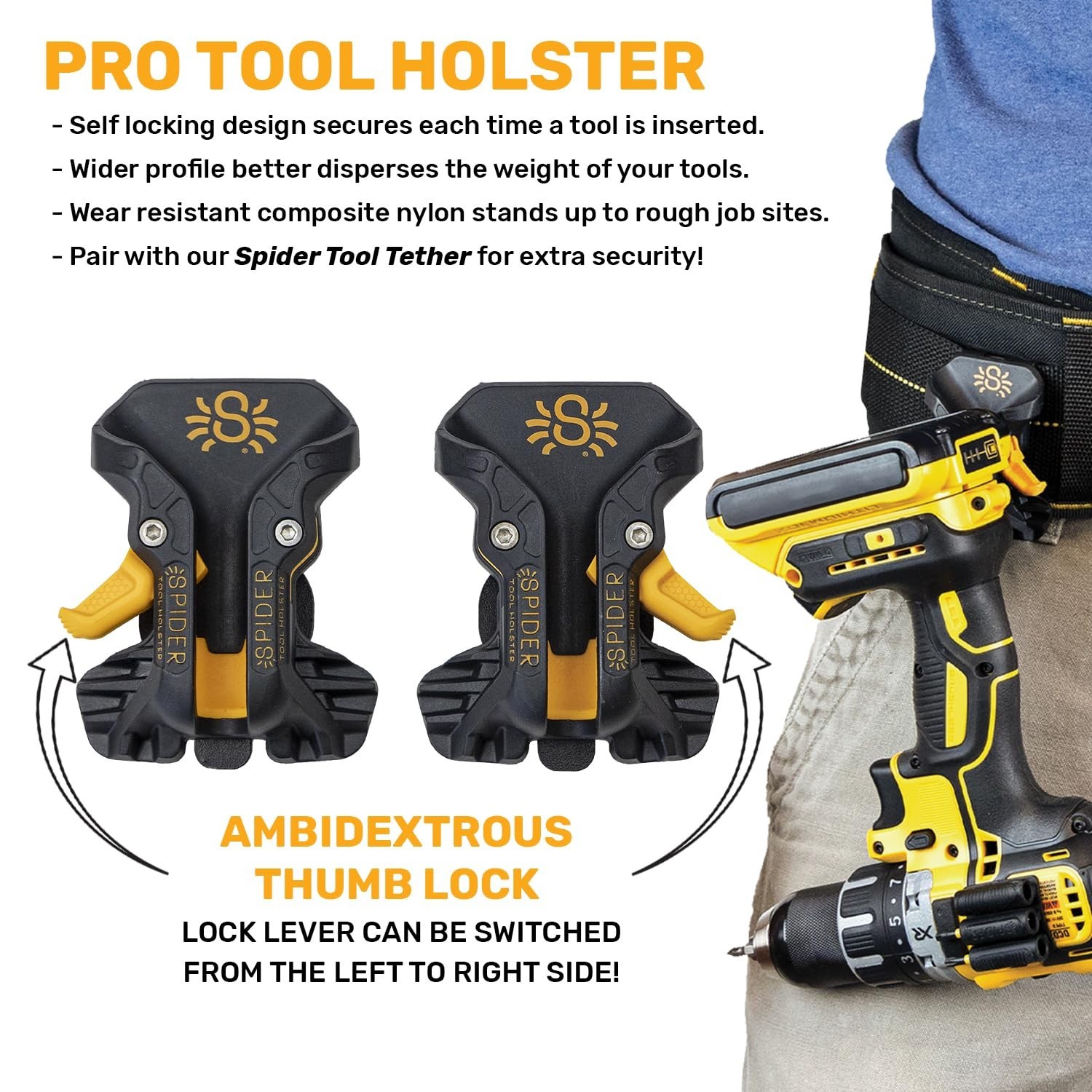 Tool Holster with Fall Prevention Tether, Pro Grip, Drill Pin & Adhesive Tab – U