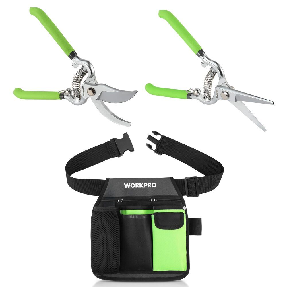 WORKPRO 2-Piece Pruning Shears Set 8» Blades w/5-Pockets Garden Waist Tool Belt