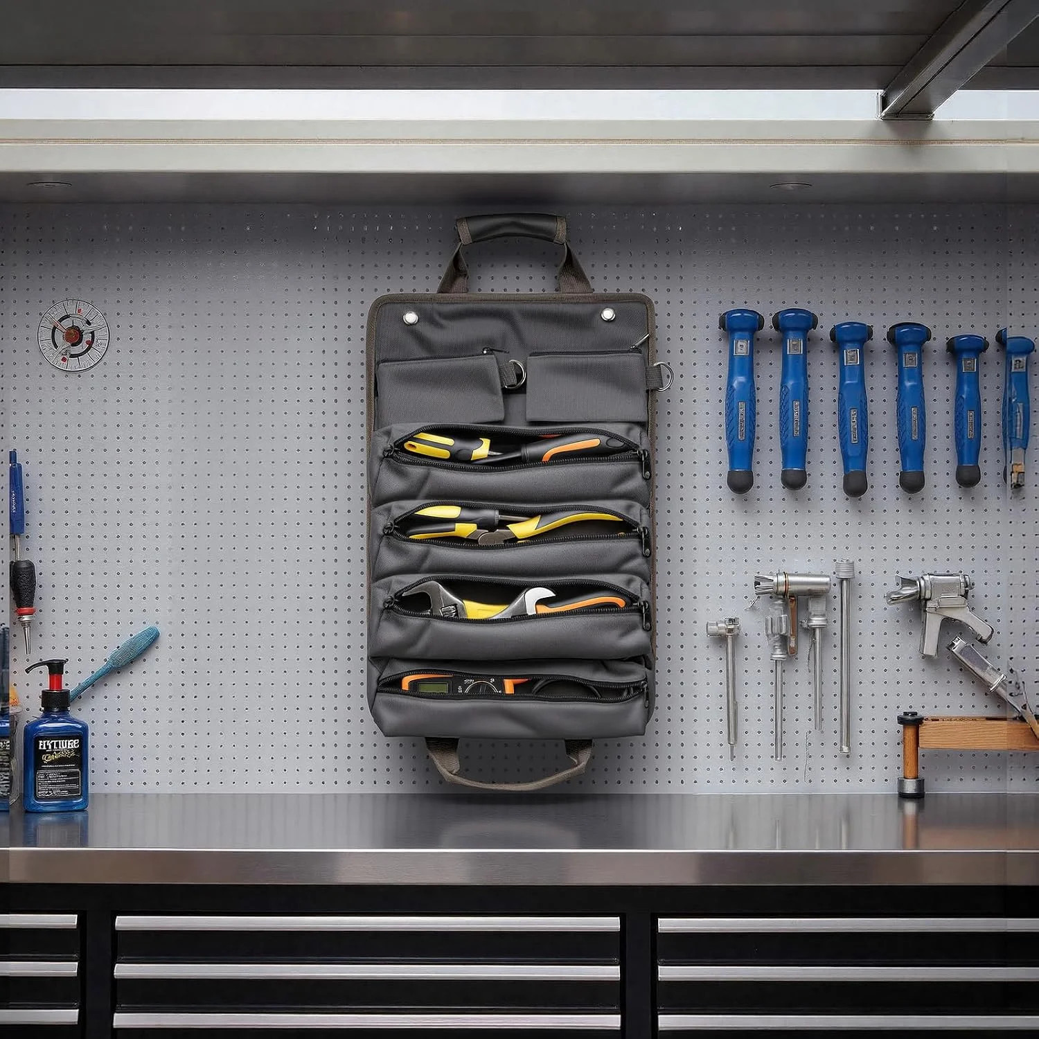 Roll Up Tool Bag for Men, Portable Tool Organizer with 4 Pouches Tool Roll and 2