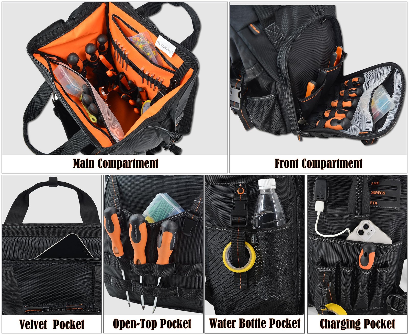 WELKINLAND 55-Pockets Tool backpack, bag Backpack Black/Orange