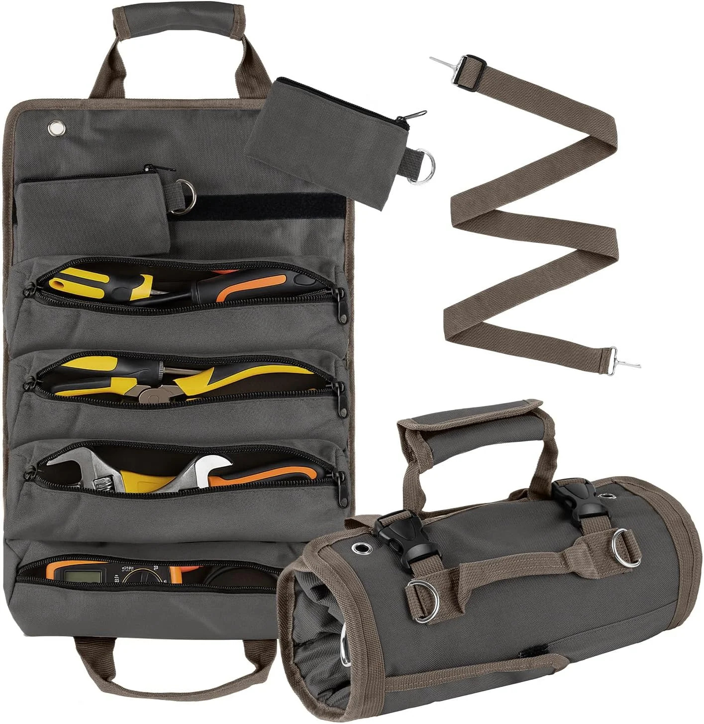 Roll Up Tool Bag for Men, Portable Tool Organizer with 4 Pouches Tool Roll and 2