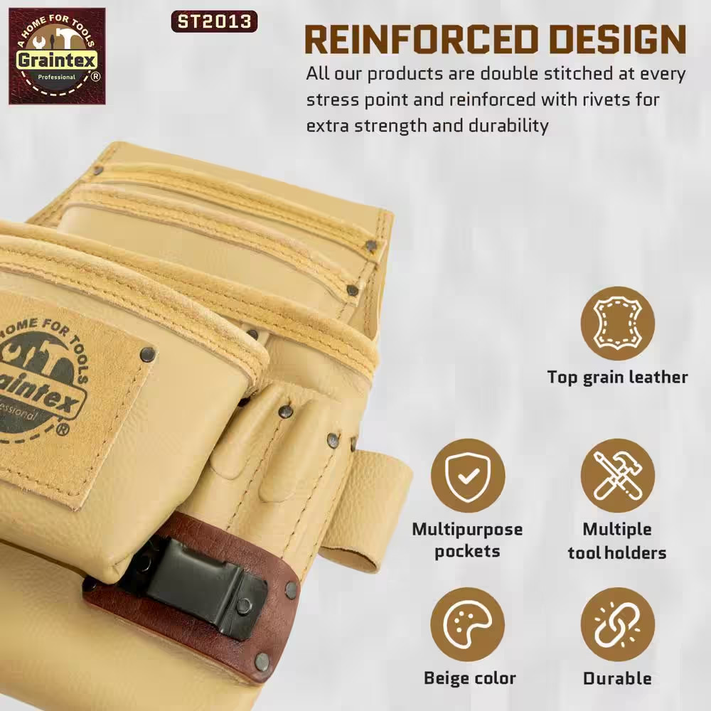 10-Pocket Rugged Top Grain Leather Nail and Tool Pouch