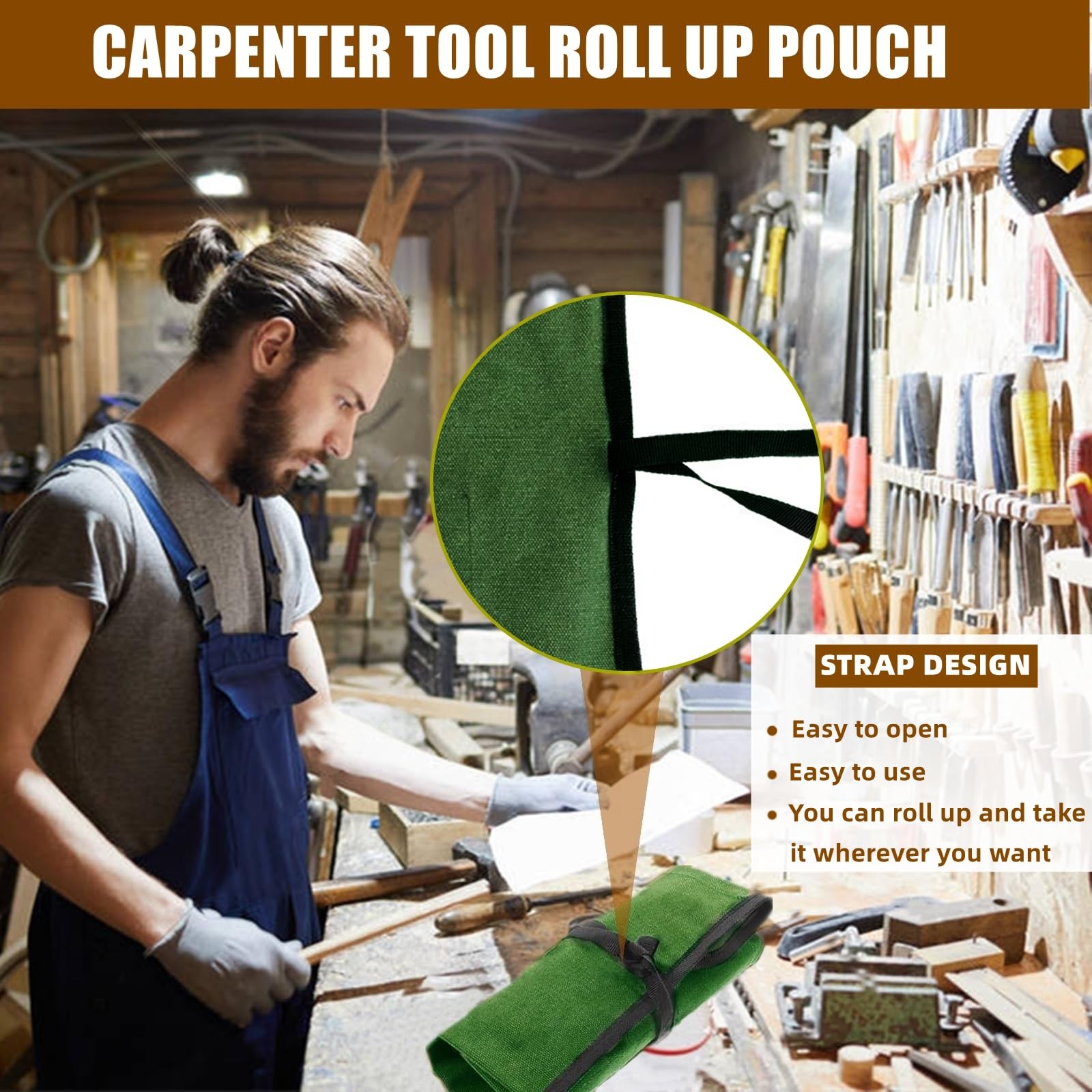 BLIRITEL Small Canvas Tool Roll Up Bag – Chisel Organizer With 4 Green