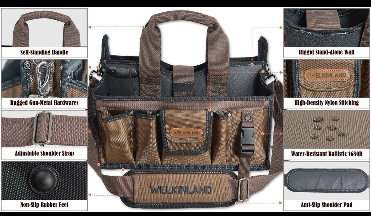 WELKINLAND 20-Pockets Tool Tote Bag, 16″ Electrician Black/Brown