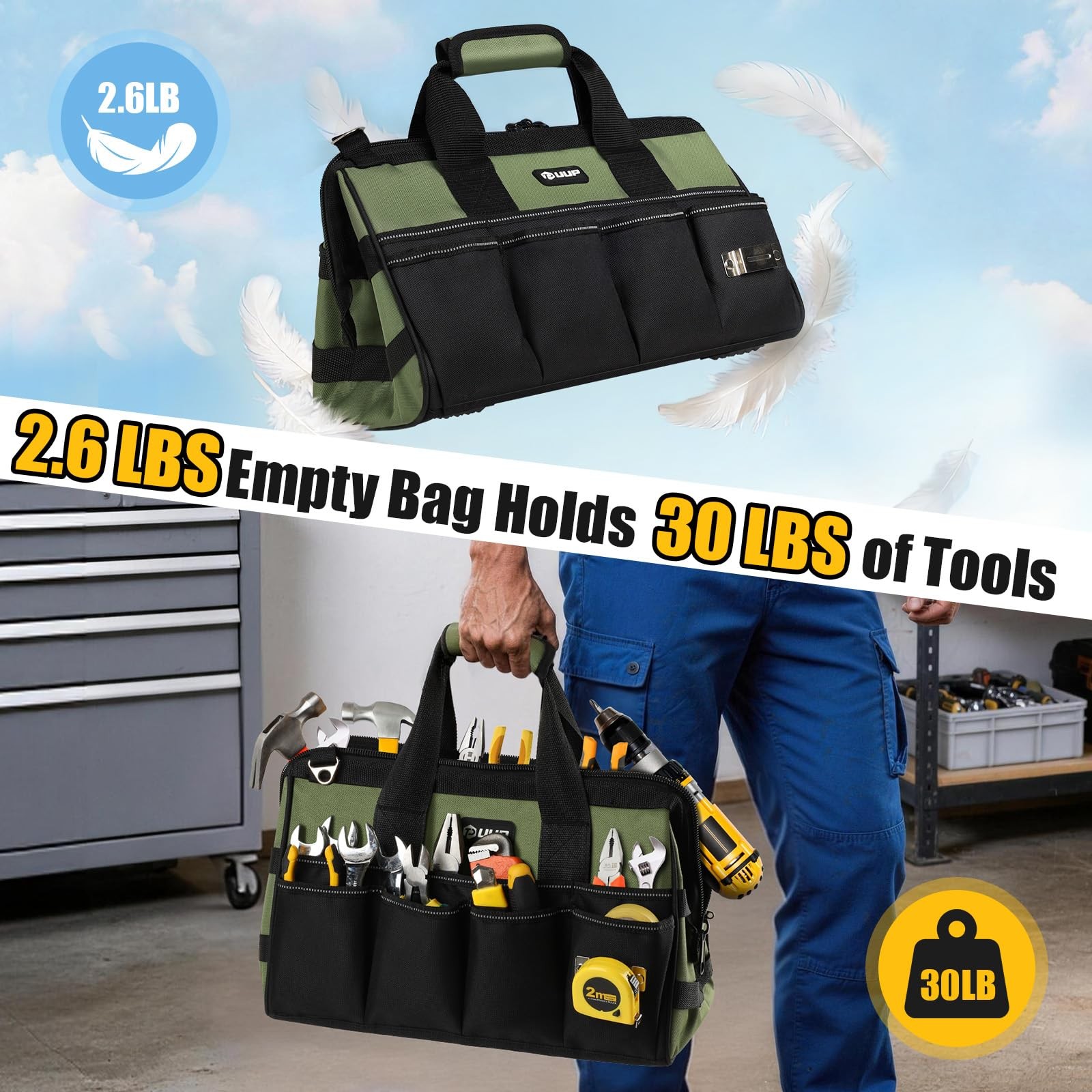 UUP Heavy Duty Tool Bag 15-Inch, 16-Pocket Portable Empty 15.5 Inch, Green