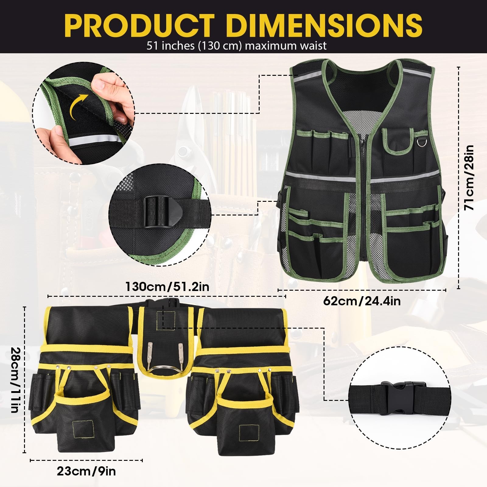 Adjustable 3-in-1 Tool Vest with Magnetic Wristband & Belt | Breathable, Multi-P