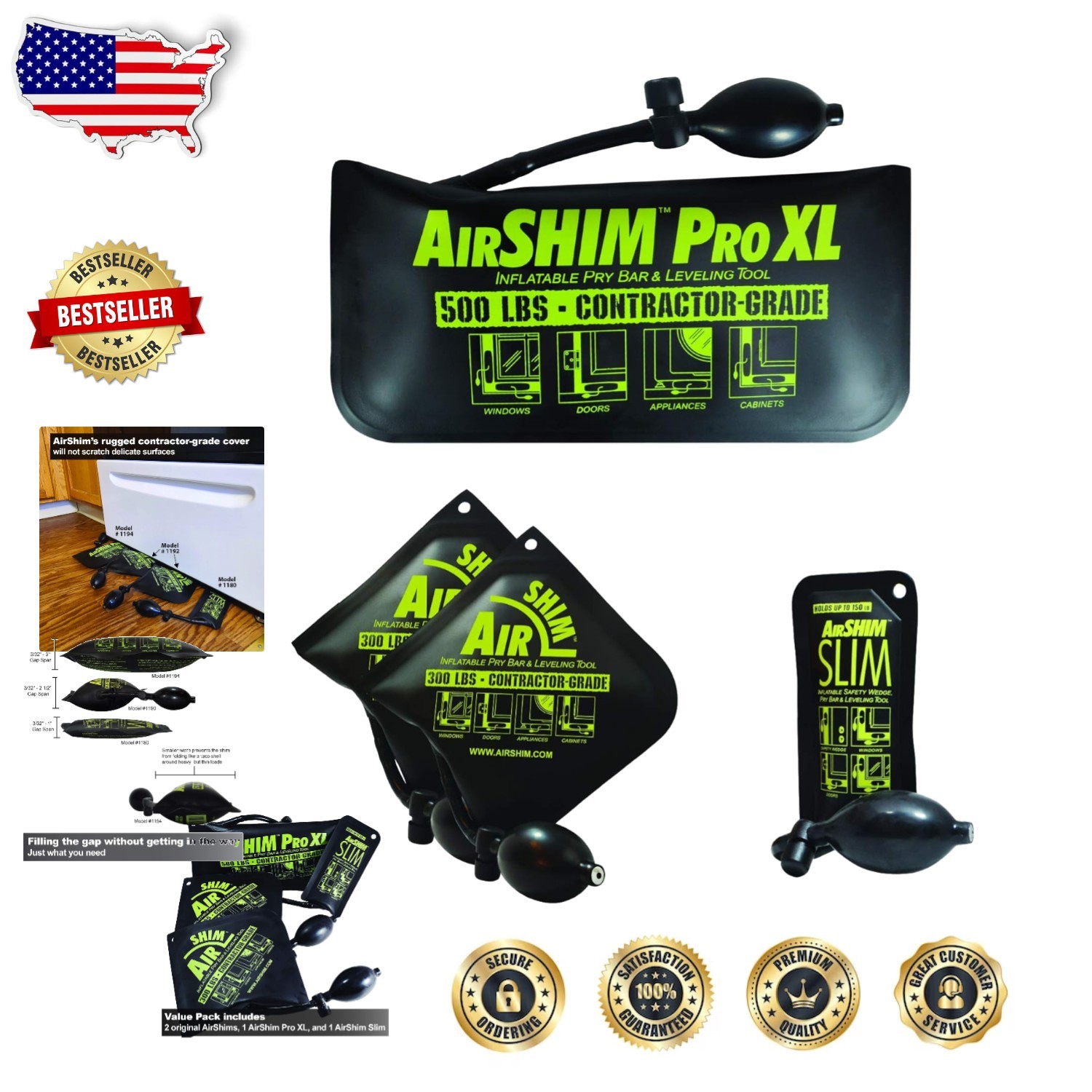 AirShim 4-pc Pro XL Slim Value Pack Inflatable Leveling Wedges Contractor Grade